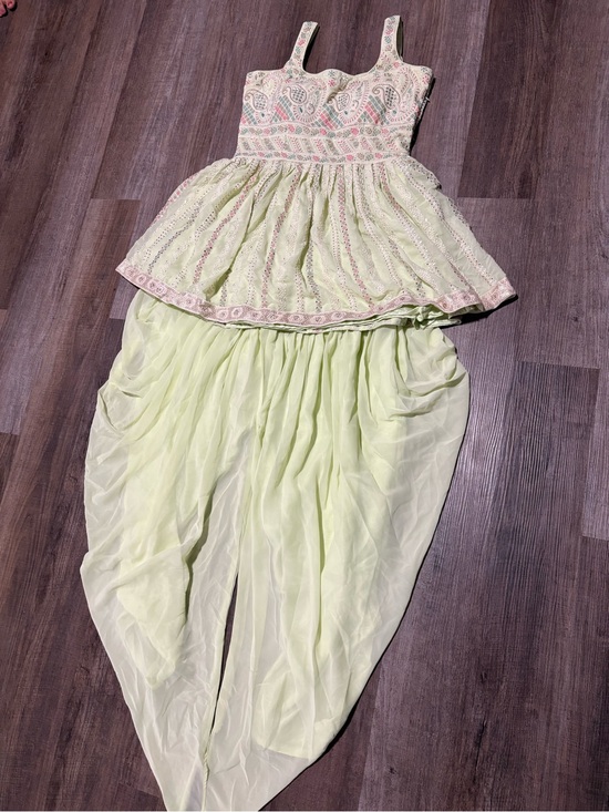 Ethnic Indian Wear Dresses & Skirts - Embroidered Pale Lime Peplum Top with Draped Chiffon Skirt - ethnic Indian wear